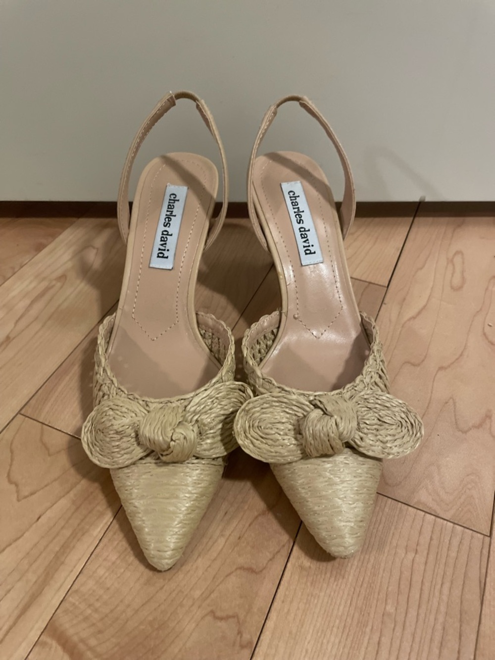 Charles David Natural Beige Braided Pointed Slingback Heels